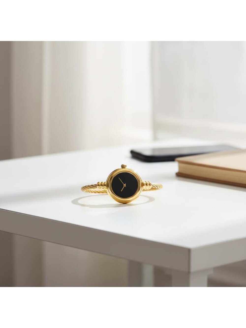 Women's Plain Black/Gold Round Analog Display Arabic Numbers Wire Bracelet Watch - Picture 4 of 6